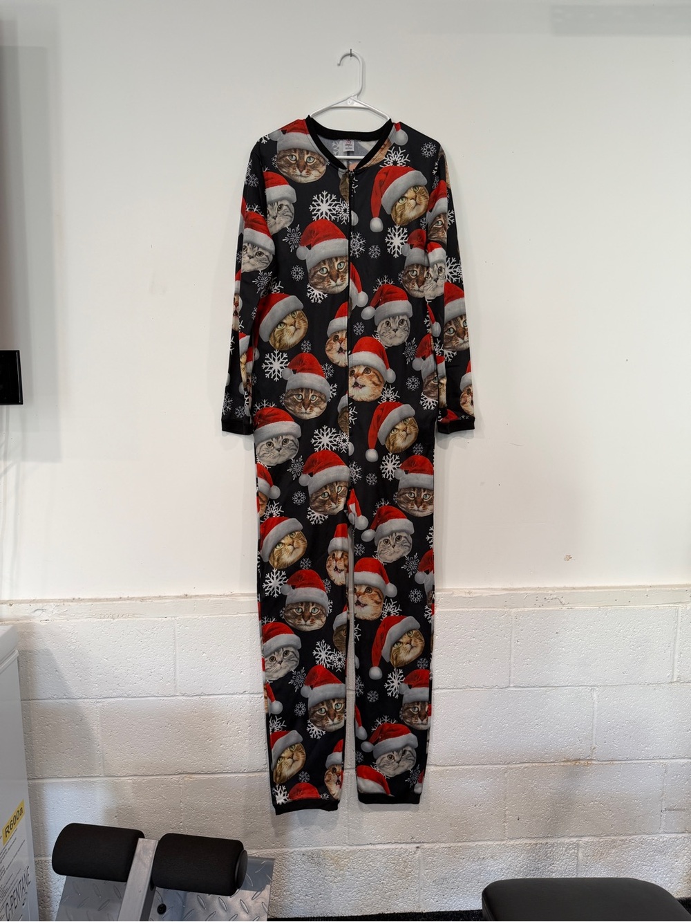 Women's Black Holiday Cat Print Zip-Front Pajama Onesie